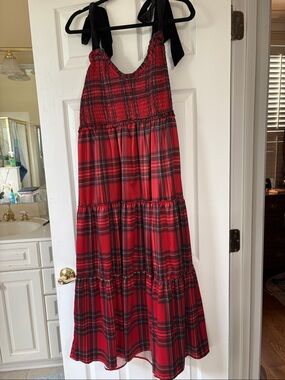 ARULA Red Plaid Tiered Dress with Black Velvet Tie Straps